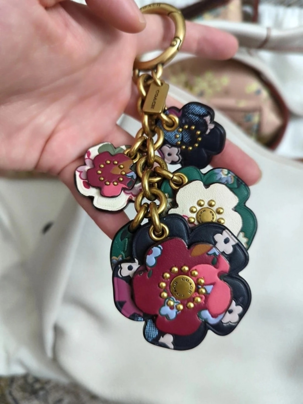 Coach Tea Rose Multicolor Leather Floral Bag Charm Keychain Brass Hardware EUC - Picture 4 of 5